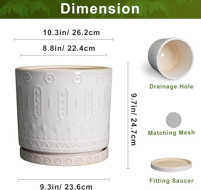 Eightpot Ceramic Planter Pot - 10 Inch Plant Pot for Indoor Outdoor Plants Round Large Flower Pot with Drainage Holes and Saucer for Home Garden Patio Decor White