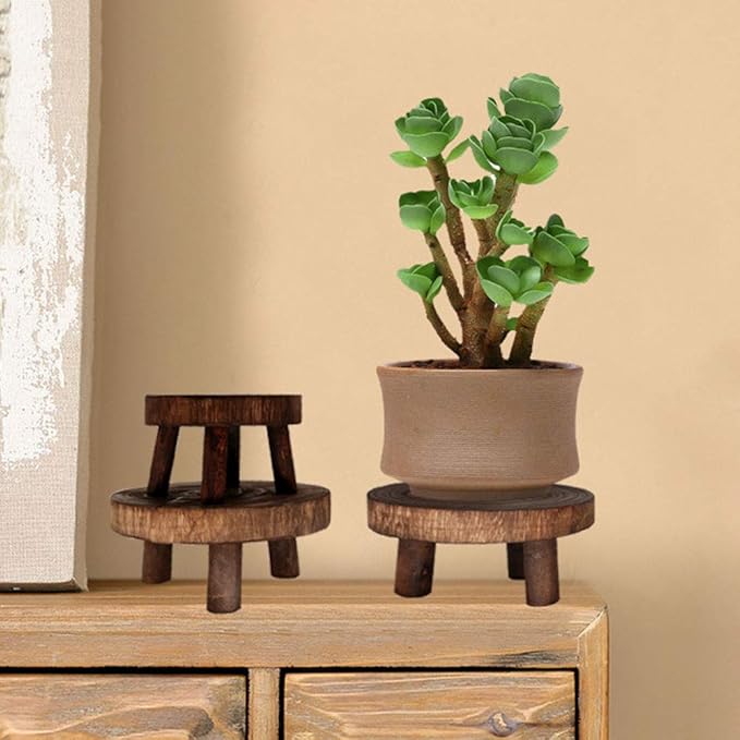 UNIE Mini Wooden Stool Round Garden Flower Display Stand Decorative Short Stool for Indoor Outdoor Office Dining Room