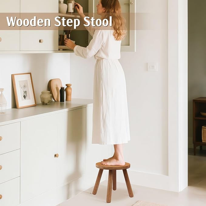 Round Solid Wooden Step Stool,Plant Stool Indoor,9.3” Height, Plant Stand for Kitchen, Bedroom, Bathroom, Livingroom (Walnut, 9.3inch)