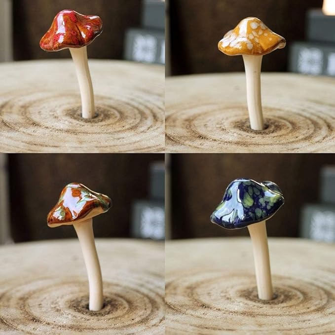 kathson 12 Piece Garden Mushrooms - Ceramic Mushroom for Yard, Fairy Garden Stakes Lawn Ornament Plants Stakes Accessories Pottery Ornament 4.52" in Height (Random Color)
