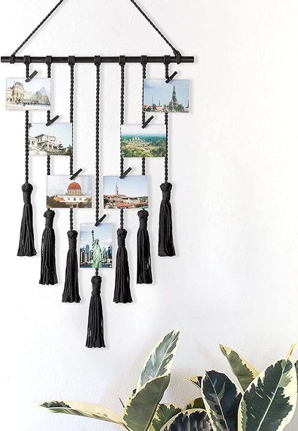 Mkono Teen Girl Room Decor Boho Macrame Hanging Photo Display, Pictures Cards Holder Wall Art for Bedroom Livingroom Dorm Home Teens Women Christmas Birthday Gift, with 25 Wood Clips, 27" L x 16.5''W