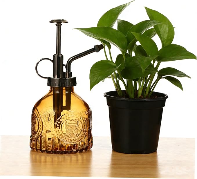 GALPADA Retro Embossed Glass Water Spray Can Manual Pump Misting Bottle for Houseplants Garden and Florals Lightweight Refillable and Portable Spray for Enhanced Plant Humidity Light Brown
