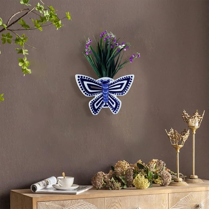 Blue & White Porcelain Wall Vase,Butterfly Shape Hydroponic Vase Wall Planter for Indoor, Outdoor (B)