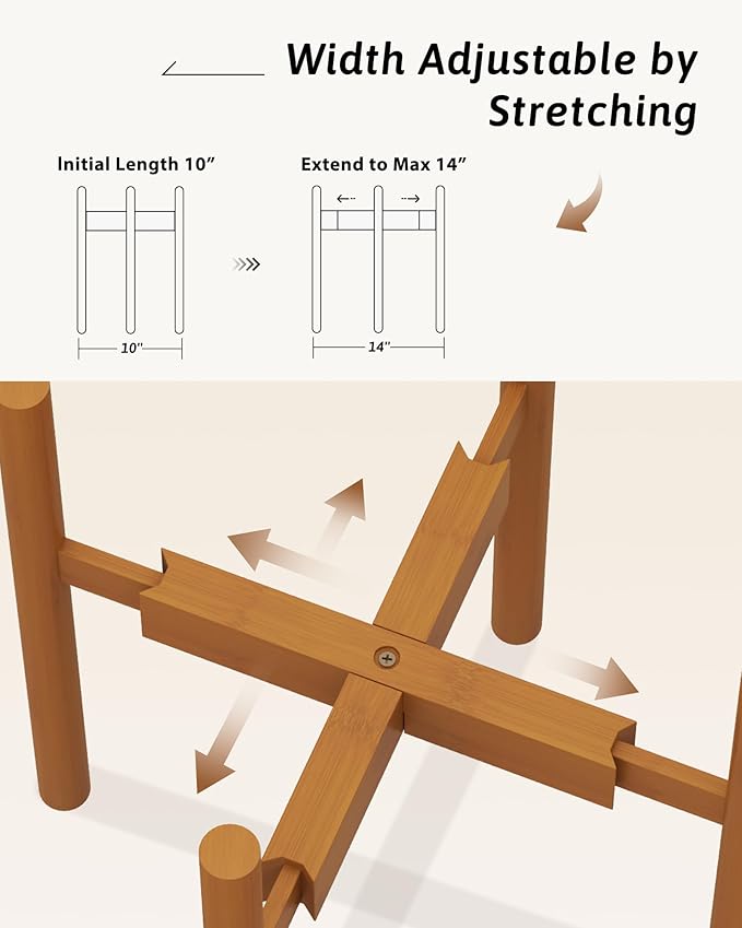 GENTINGBRO Adjustable Plant Stand Indoor, Bamboo Plant Stand Fits 8 9 10 11 12 Inches, Small Corner Planter Holder for Indoor Plants, Single Floor Plant Stands for Living Room Balcony, Light Brown Tall