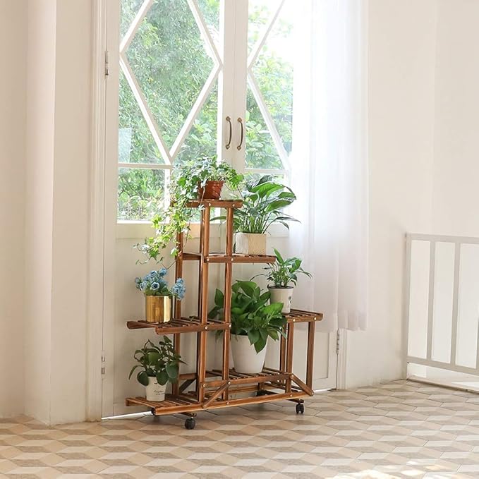 unho Plant Stand with Wheels: 6 Tiered Wooden Shelf Rolling Storage Rack Holder for Patio Garden Livingroom Balcony Yard Indoor Outdoor Display Potted Flowers Succulents Herbs