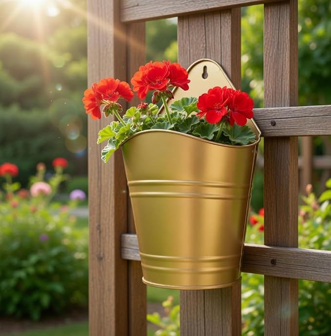 Hosley Set of 2 Gold Wall Planter with PVC Linner 6.25" L x 4" W x 10" H, Ideal Gift for Floral Arrangements Wedding Home Office Party DIY Indoor Outdoor Garden Patio