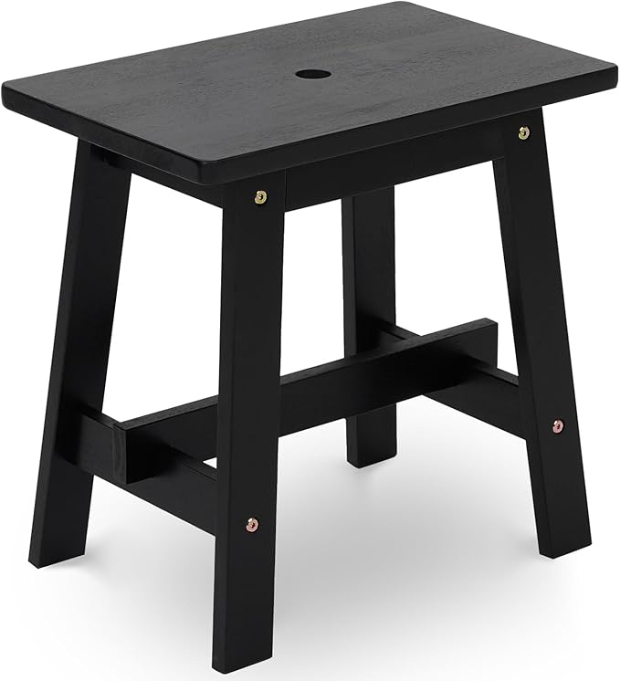 BEEFURNI Rectangular Acacia Wood Stool, Small Bench Seat, 18 Inch Stool, Wood Bathroom Vanity Bench, Plant Stand Indoor, 350 LBS Load Capacity, 1-Year Manufacturer Warranty (Black)
