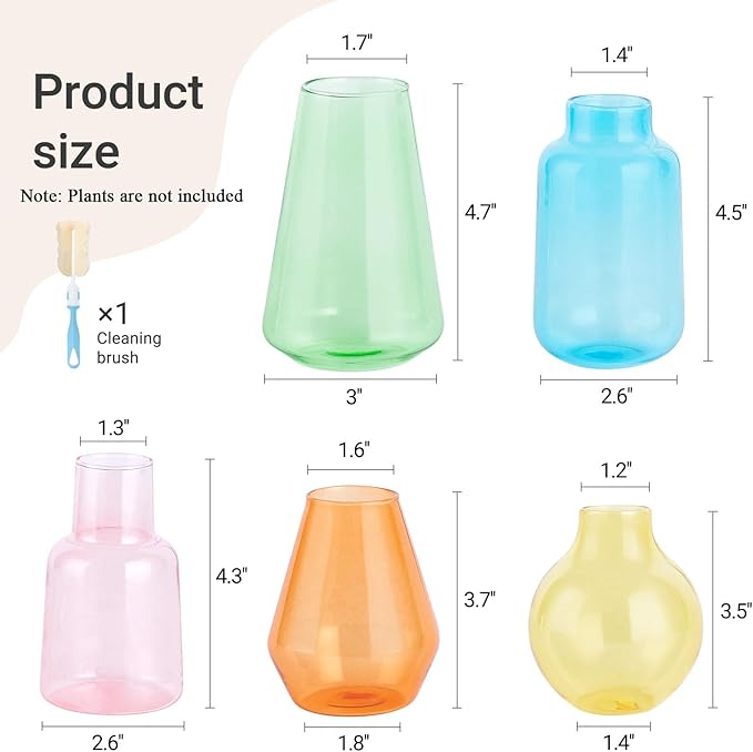 Mkono Propagation Vases for Plants, Set of 5 Small Glass Jar Planters for Hydroponic Cutting Flowers, Plant Station Bud Vases for Centerpieces Home Office Decor Gift, Colorful (Plants not Included)