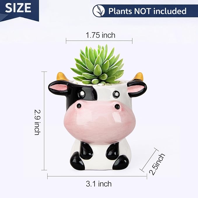 Cute Cow Animal Ceramics Planter Succulent Pot with Drainage, Plant Pot for Indoor Mini Plants Flower Cactus, Home and Garden Decor Fun Gifts