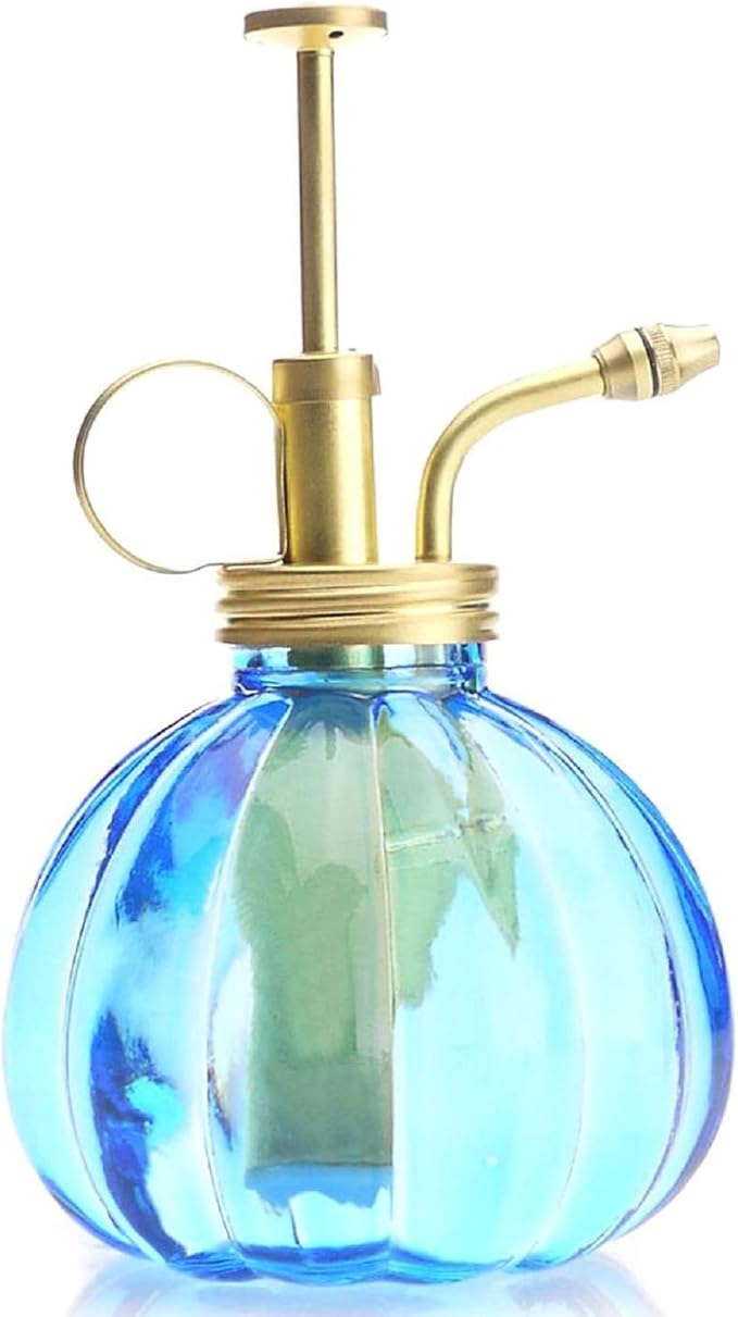Vintage Style Glass Pumpkin Bottle Sprayer Watering Can Plant Mister with Brass Sprayer Head (Blue)