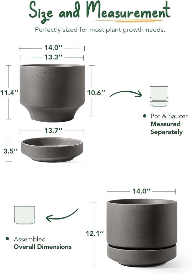 LE TAUCI 14 Inch Large Plant Pot with Saucer, Ceramic Outdoor & Indoor Big Planter with Drainage Hole, Mesh Pad Included, Unglazed Porous, Modern for Home and Patio, Charcoal Gray