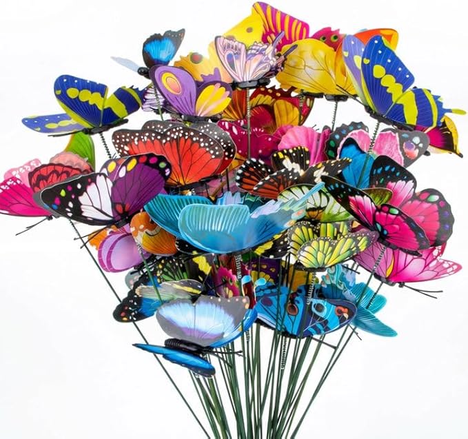 RAINFLOW 50PCS Butterfly Decorations – Butterflies Decorations for Bouquets, Butterfly Garden Decor, Flying Butterflies with Garden Stakes Decorative for Plant Decoration for Pots, Yard & Party
