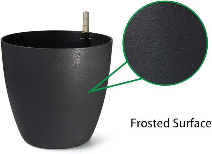 T4U 8.5 Inch Plastic Self Watering Planter with Water Level Indicator Black Set of 4, Modern Decorative Planter Pot for All House Plants, Flowers, Herbs, African Violets, Succulents