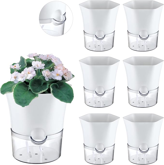 6-Pack 6" Clear Self Watering Pots for Indoor Plants Large Hexagon Self-Watering Planters Orchid Pots Plastic Wick Flower Plant Pots for African Violet, Spider, Herbs, Home Decor, White and Clear