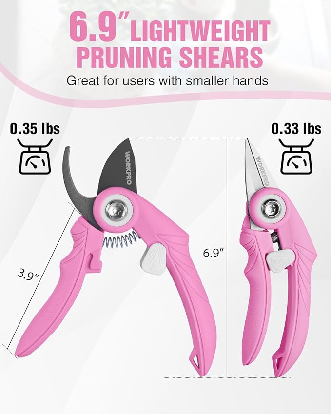 WORKPRO 2-Pack 6.9" Garden Pruning Shears, Bypass & Straight Gardening Scissors with SK5 Steel Blade, Handheld Garden Floral Clippers for Rose, Plants, Flowers, Gardening Gifts for Women, Pink Ribbon