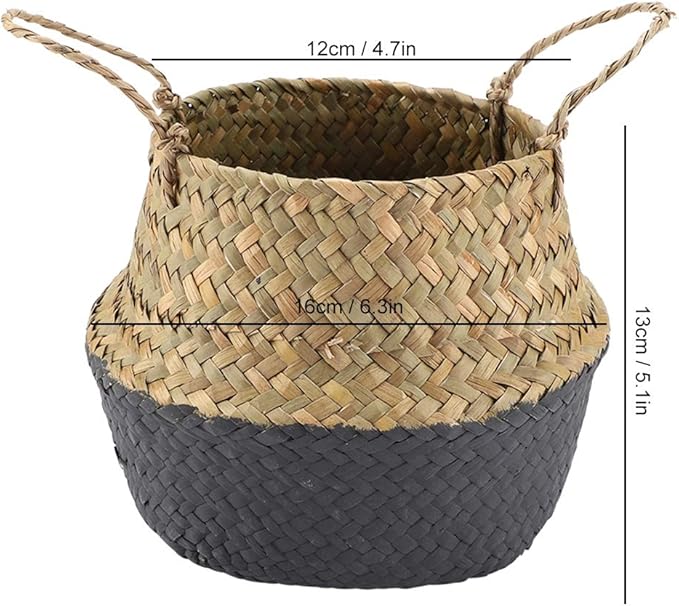 2PCS Large Seagrass Belly Basket Planter Woven Rattan Wicker Plant Pot Round Boho Decorative Wicker Planter for Home Decor(Black)