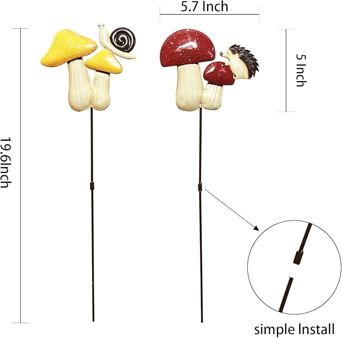 2 Pack Metal Mushroom Decorative Garden Stakes，19.6" Outdoor Garden Decor Rust Proof Metal Flower Decoration,Spring Yard Art Decorations for Lawn Patio,