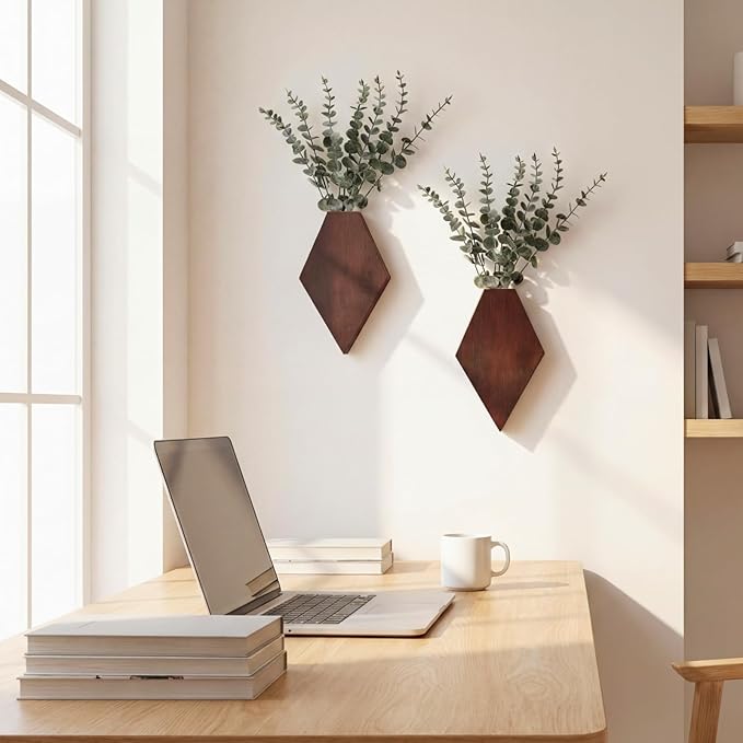 Chunful 2 Pcs Wooden Wall Planter Decor Hanging Faux Plants Greenery Flowers Holder Vase Boxes for Wall Bohemian Farmhouse Room Kitchen Office Indoor Decoration(Brown,9.8 x 6.6 x 1.2 Inches)