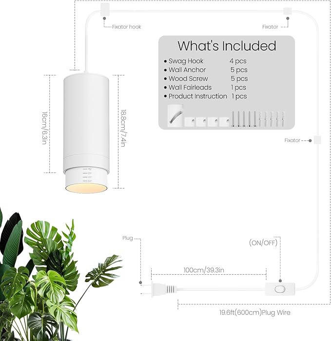 Zoomable Remote Pendant Grow Lights with Auto On/Off Timer, 30W Full Spectrum LED Plant Light 2700K-6000K Dimmable Plug in Hanging Lights for Indoor Plants 20FT Power Cord, White