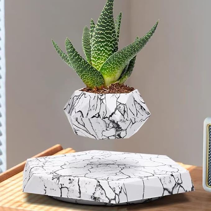 MOOCCI Floating Plant Pot Magnetic Levitating Plant Pot for Succulents, Air Bonsai and Fake Flowers and Plants, Unique Decor for Home, Office and Desk, Father's Day (Marble)