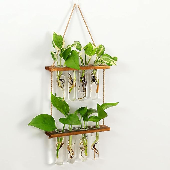 Hiuxume 2 Tiered Wall Hanging Planter, Wooden Stand with Glass Planter Test Tube Vase for Hydroponic Plant Propagation, Perfect for Indoor and Outdoor Decor