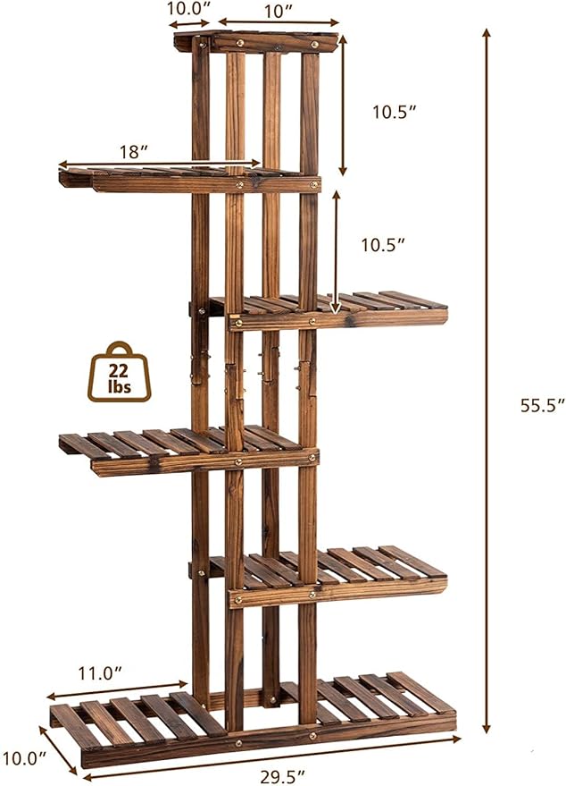 GRAFFY 6 Tier Flower Rack Wood Plant Stand, Flower Pot Holder 7 Shelves, Bonsai Display Shelf with Hollow Design, Multifunctional Storage Rack, Outdoor Indoor Flower Rack for Yard Garden Patio Balcony