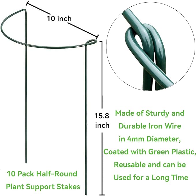 Plant Support Stakes, 10 Pack Metal Peony Cages and Support, Plant Stakes for Indoor Outdoor Plants, Plant Support Ring for Flowers(10" W x 15.8" H)