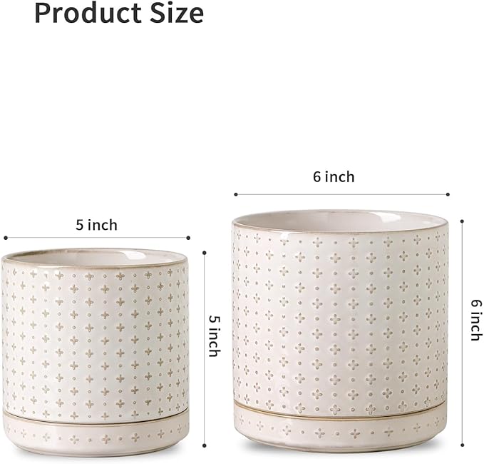 Plant Pots, 5+6 inch Planters Set of 2, Ceramic Pot for Indoor Plants with Drainage Hole and Saucer, Small Flower Pot for Succulent, White