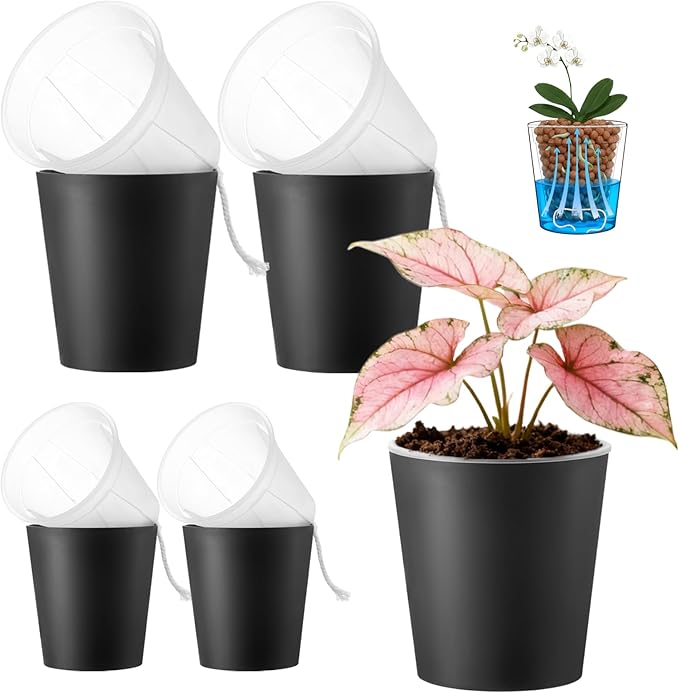 4 Pack of 7in and 5in Double-Layer Self-Watering Pot with Clear nusery Pot - Indoor Planter with Drainage for Root Visibility,semi Hydro pots for repotting Orchids,Aroid or Monstera,Black