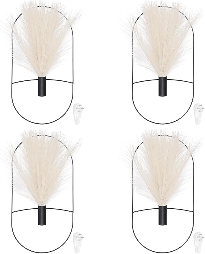 uxcell 4 Pcs Wall Decor Metal Black Wall Art Hanging Planters with Artificial Pampas, Wall-Mounted Decor Metal for Display Artwork Plant Hanging Living Room Bedroom, Beige (Oval)