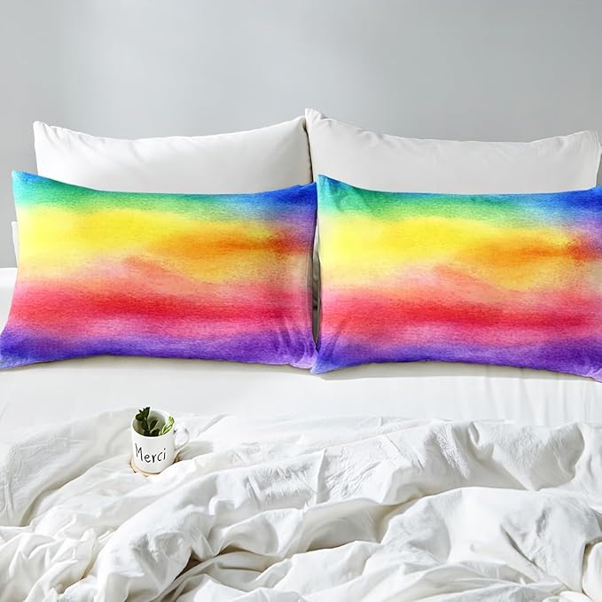 Feelyou Queen Sheet Set for Kids Girls Rainbow Stripe Bright Watercolor Soft Kids Bedding Set, 1 Flat Sheet,1 Deep Pocket Fitted Sheet, and 2 Pillow Case, Breathable, Teens Children Bedroom Decor