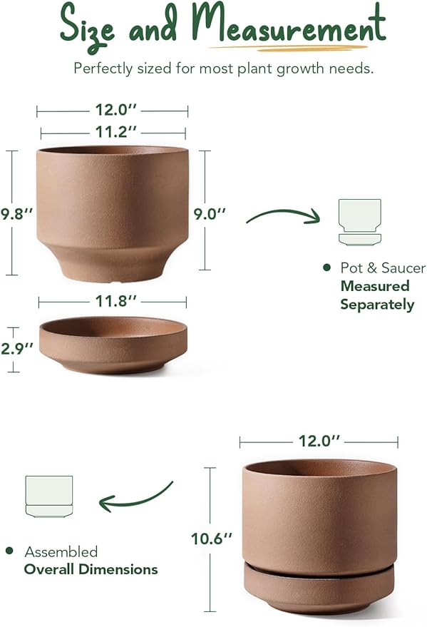 LE TAUCI 12 Inch Pots for Plants with Saucer | Ceramic Outdoor & Indoor Planter Pot for Plants | Drainage Hole, Mesh Pad | Unglazed Porous | Modern for Home, Office and Patio – Terracotta Color