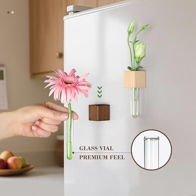 Magnetic Test Tube Flower Vases for Refrigerator, Set of 2 Wooden Fridge Magnet Planters with Glass Tubes – Light & Dark Wood Color, Propagation Station for Hydroponic Display (No Plant Included)