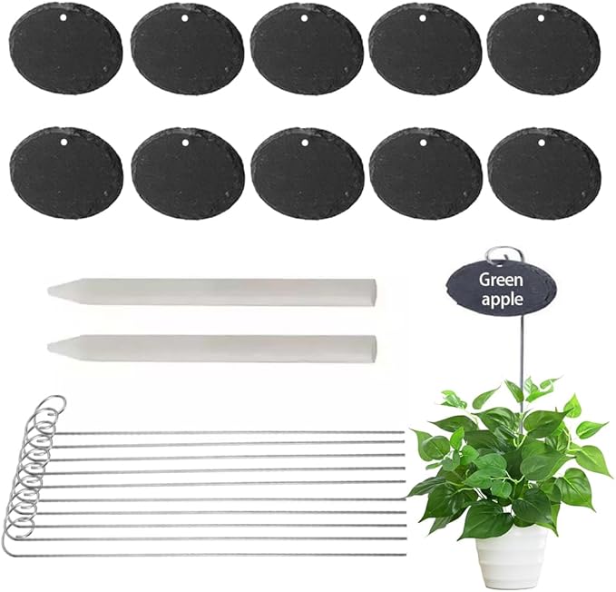 Slate Plant Labels Garden Markers Signs Labels with Stainless Steel Stake & Marker Pen Waterproof Slate Plant Labels for Flowers, Herbs, Potted Plants, Seed (Oval, 10PCS)