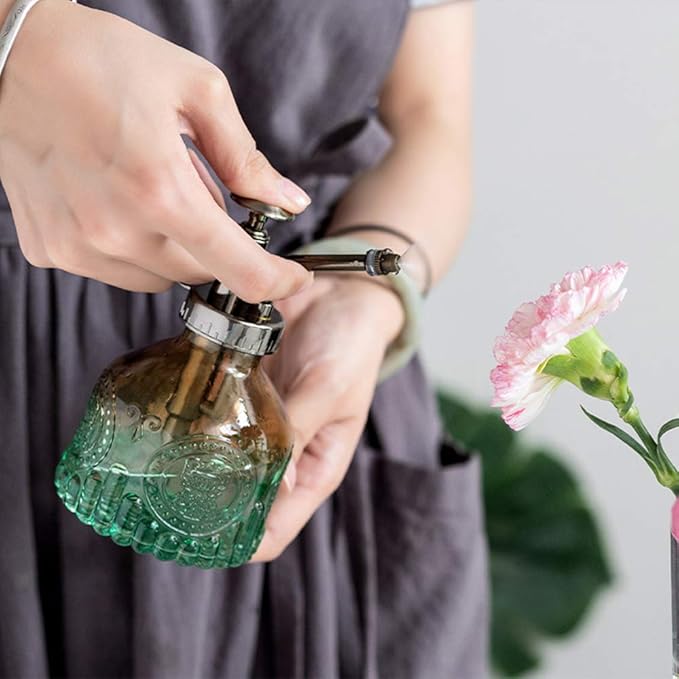 Plant Mister Glass Spray Bottle Small Plant Watering Can 6.4" Tall Retro Indoor Watering Can Bronze Plastic Top Pump for Garden Indoor Plant Sprayer (Brown Green Gradient)
