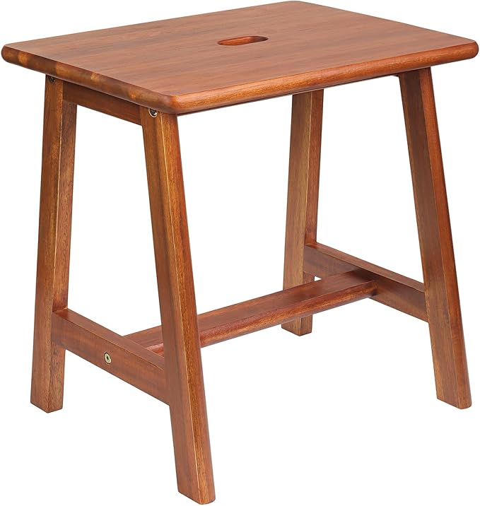 Rectangular Acacia Wood Stool (16.7"D x 13"W x 17.7"H) - Small Bench Seat, End Table, Bathroom, Plant, Makeup Stool - Perfect for Living Room, Bathroom (Light Brown)