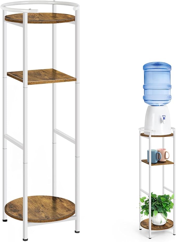 OYEAL Water Dispenser Stand 5 Gallon Water Cooler Jug Storage Rack Water Filter Stand with 2 Storage Shelves, Modern Flower Shelf Display for Home Kitchen Office Space Save, Rustic Brown & White