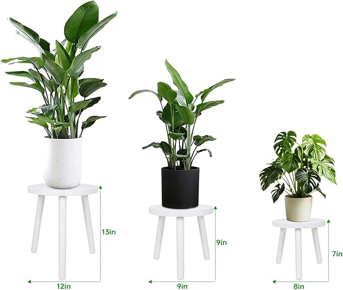 Amdermi 3-Pack Wood Plant Stands Indoor, Single Plant Stand for 6-12 Inch Pots, Mid-Century Modern Plant Stool, Tall Plant Stand for Large Plants for Living Room, Balcony, Office (White)