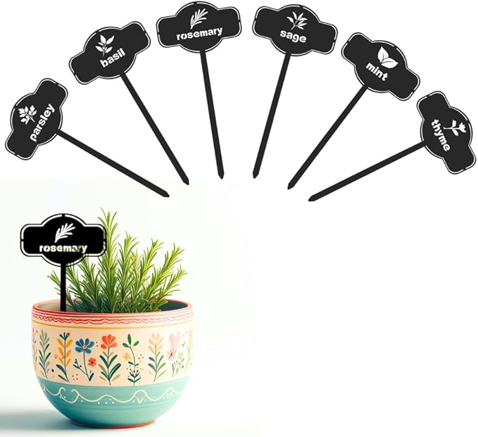 6 Piece Set Laser Cut Metal Garden Markers - Reusable Steel Tags for Potted Plants, Garden & Greenhouse. Durable Label for Kitchen Herbs & Spices