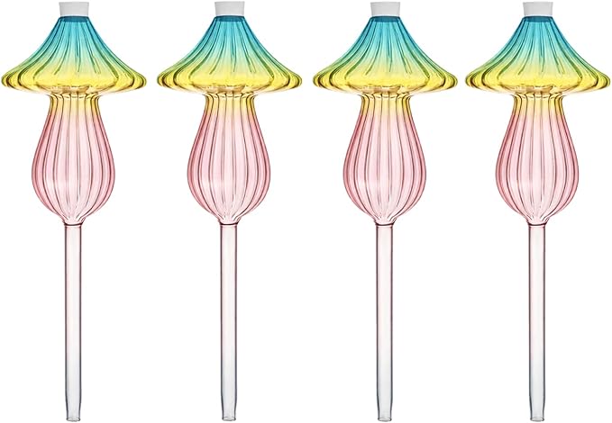 4 PCS Glass Plant Watering Globes Mushroom, Watering Bulbs for Indoor Plants, Rainbow Gradient Color Glass Mushroom Watering Bulbs, for Vacation Plant Care.