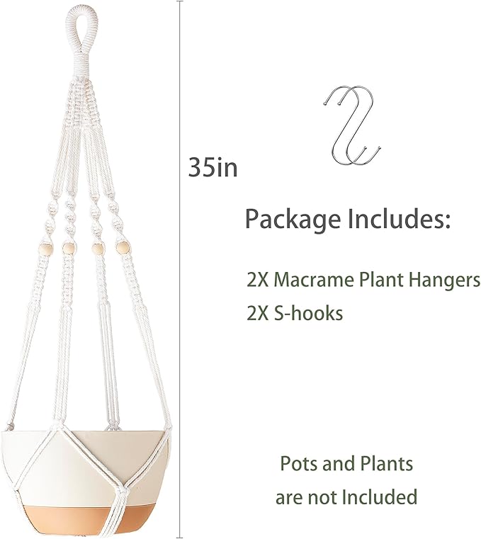 35 Inch Macrame Plant Hanger Indoor with Wood Beads and No Tassels,Strong Hanging Planter Flower Pot Holder for Indoor Outdoor Boho Home Decor,Set of 2,Ivory(Pots Not Included)