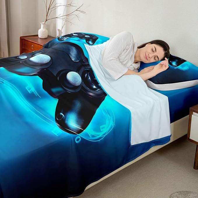 Feelyou Gamer Bedding Set Queen Size for Boys Kids Bed Sheet Set Gaming Video Game Sheets Set Lightweight Breathable Men Teens Game Room Decor Sheet, 1 Fitted Sheet + 1 Flat Sheet + 2 Pillow Case