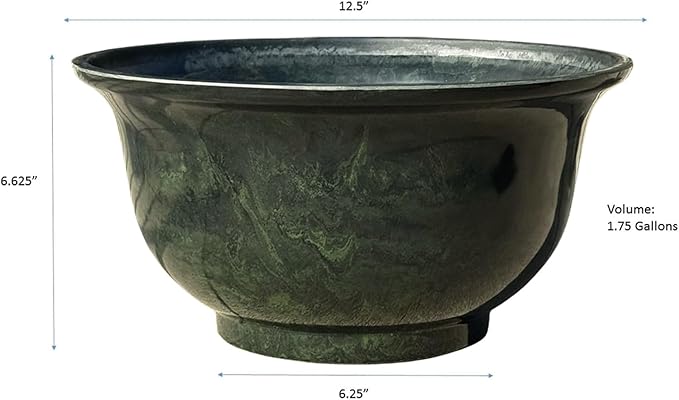 Classic Home and Garden Venetian Deep Bowl 12.5" Planter, Green Granite