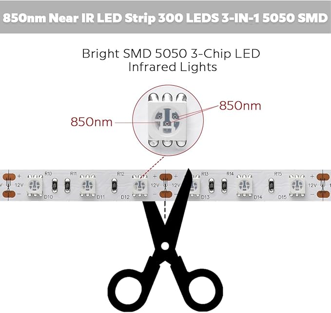 12 Volt 850nm LED Strip Light, 5m/16.4ft 72W IP20 Non-Waterproof Trimmable Flexible Infrared Light Tape for Night Photography and LED Red Light Therapy (850nm, 300 LEDs, 5050 SMD)