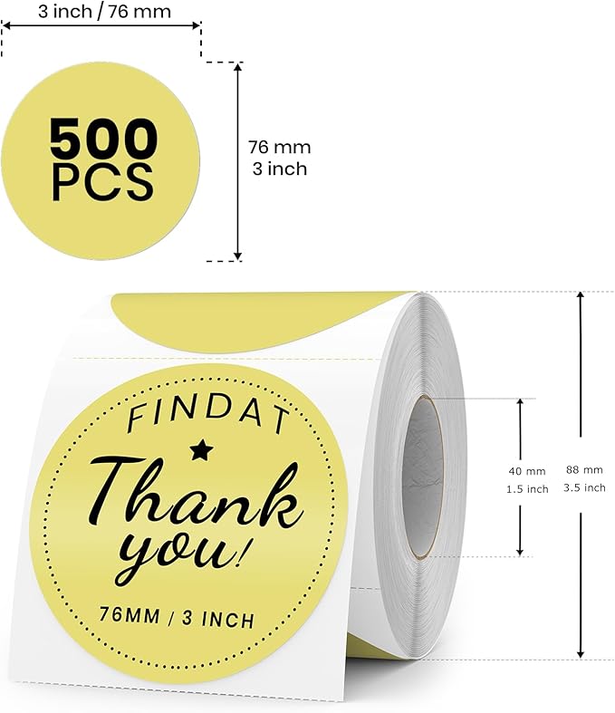Yellow Round Thermal Labels 3 Inch Vinyl Circle Waterproof Direct Printer Sticker Self-Adhesive Perforated Name Tag for Logo DIY QR Design Office Address 500 PCS