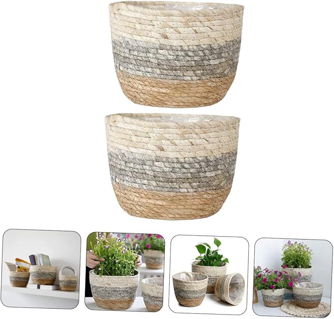 Angoily 2pcs Flower Basket Small Planter Rattan Baskets for Storage Rustic Plant Seagrass Plant Pot Wicker Planter Straw Woven s Weaving s Desktop