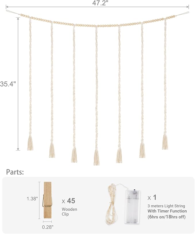 Mkono Macrame Hanging Photo Display Wall Decor with String Lights, Boho Wooden Beads Garland Collage Picture Card Frame Holder with 45 Clips for Bedroom Living Room Dorm, Teen Girls Christmas Gifts