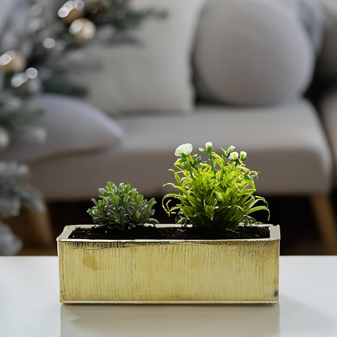 WGVI Long Rectangle Ceramic Planter Vase in Gold Etched 14" x 4" x 4"H, Rectangular Box Block Terrarium Pot, Flower Arrangement, Tabletop Centerpiece, Home Décor, Storage Container, 1 Pc.