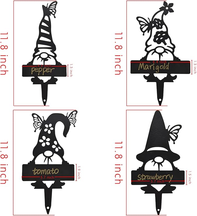 4 Pack Garden Gnomes Plant Markers for Outdoor Herb Label Stakes Nursery Plant Tags Gnome Garden Decor Accessories Steel Weatherproof Farmhouse/Greenhouse Plants Markers with a Pen