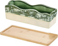 MyGift Rectangular Succulent Planter - Decorative Beige and Green Ceramic Glazed Plant Container Pot with Removable Bamboo Tray